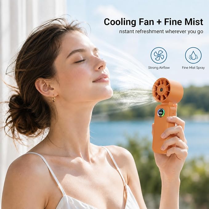 Clip-On Portable Fan with Misting, 4000mAh Up to 12H Battery Life Hand Mini Foldable Fan, 360° Rotating USB Rechargeable Turbo Quiet Stroller Fans for Travel Outdoors and Office Use (Orange)