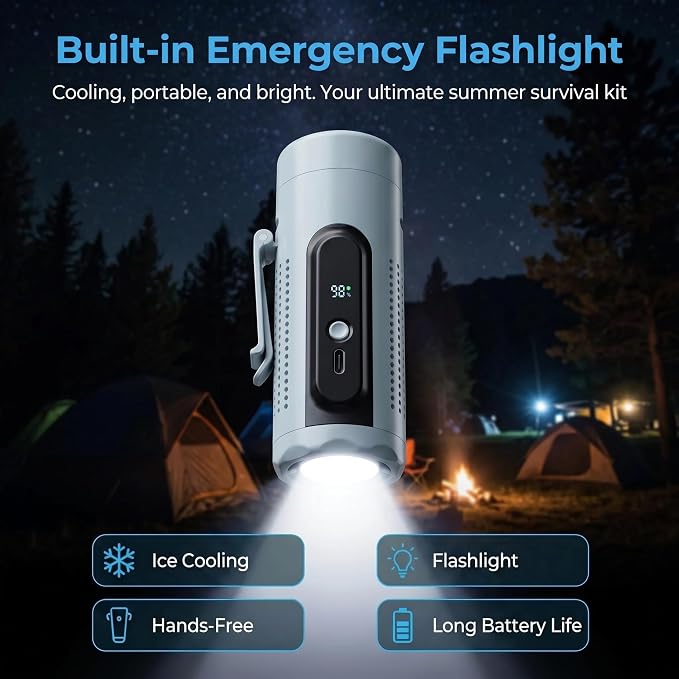 Portable Handheld Fan with Ice Cooling Plate, 3 in 1 Mini Personal Fan with Light & Clip, 5 Speed Rechargeable Fan with LED Display & Hidden Stand, Hands Free Camping Fan for Travel, Desk (Blue)