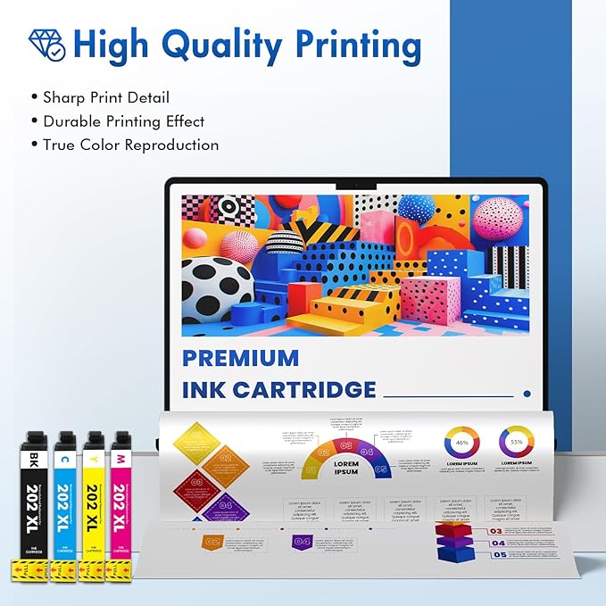 Remanufactured Replacement for 202XL WF-2860 Ink Cartridges Multipack for Epson Printer Workforce WF-2860 WF 2860 Expression Home XP-5100 (4 Pack B/C/M/Y)