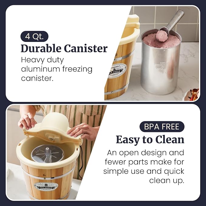 Elite Gourmet EIM924LX 4Qt Old Fashioned Vintage Appalachian Wood Bucket Electric Ice Cream Maker Machine with Leak-Proof Liner, Uses Ice and Rock Salt Churns Ice Cream in Minutes, Cream