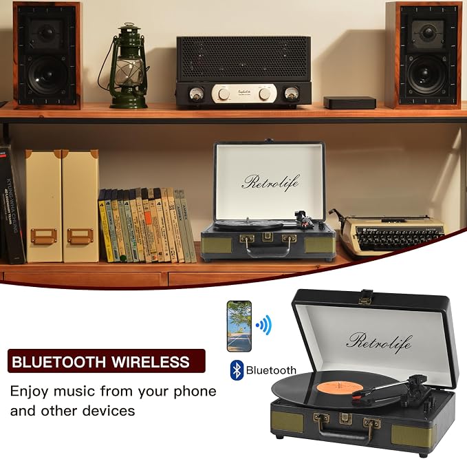 Retrolife Record Player 3 Speed Bluetooth Portable Suitcase Vinyl Player with Built-in Speakers Turntable Enhanced Audio Sound PU Leather Vintage