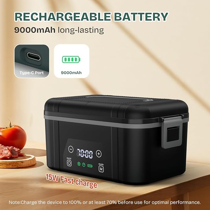 Cordless Heated Lunch Box, Smart Timer Automatic Heating Food Warmer for Adults, 5.5-Cup Portable Electric Lunch Container with Handheld Insulated Bag（Dark Black）
