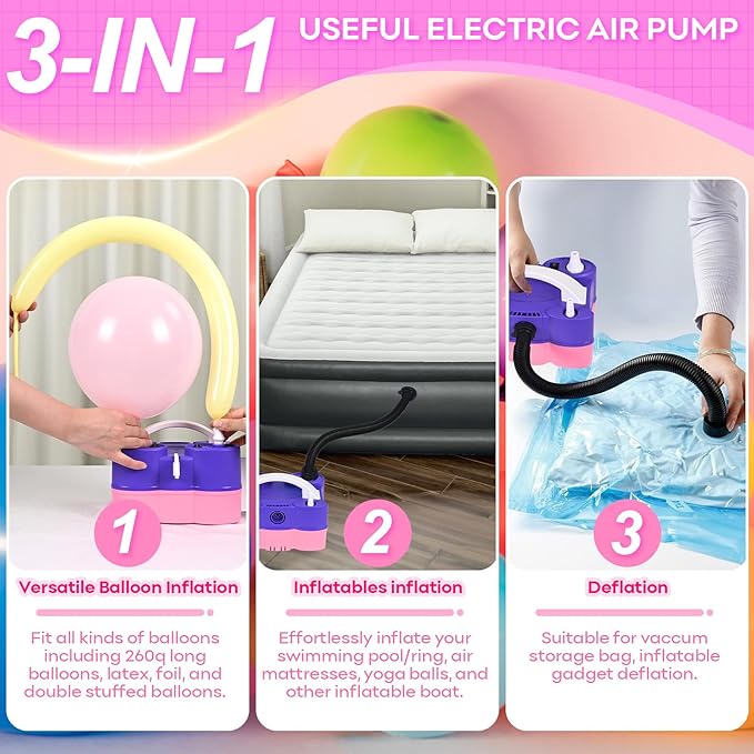 3-in-1 Electric Balloon Pump with Champagne Bottle Balloons, 3-in-1 Electric Balloon Pump, Portable Electric Air Pump for All Balloons Inflatables Dual Nozzle Balloon Blower Machine
