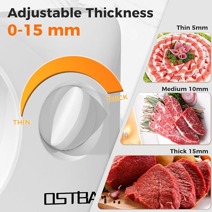 OSTBA Foldable Electric Food Slicer, Adjustable Thickness 0–15mm, 6.7” Stainless Steel Blade, 150W Motor, Portable & Easy-to-Clean Meat, Cheese, Bread, and Vegetable Slicer for Home Kitchen, White