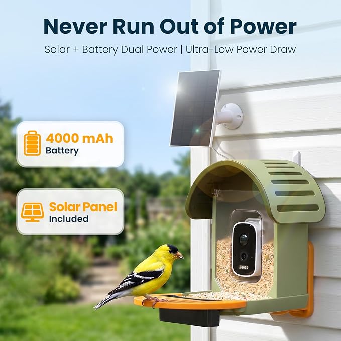 Smart Bird Feeder with Camera, 2.5K UHD Bird Feeder Camera Solar Powered, Sensitive AI Identification, Instant Alerts Capture Video, IP66 Waterproof Bird-Watching Feeder, Ideal Gift for Dad, Green