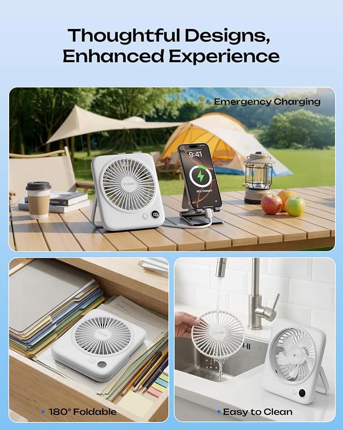 Otlonpe Portable Desk Fan 6.5 Inch, 4000mAh Rechargeable Battery Operated & USB Powered, 23Hrs Cordless Small Personal Fan 4-Speed Quiet for Office Travel Home Sleeping, Led Display, Foldable (White)