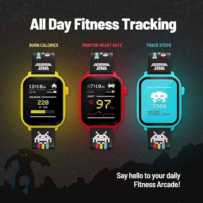 Space Invaders Retro Gaming Smart Watch, Selective Tech, Red Bezel, Non-Connected, Built-in Space Invaders™ Game, Custom Watch Faces, Classic Arcade Sound, IP67 Rating