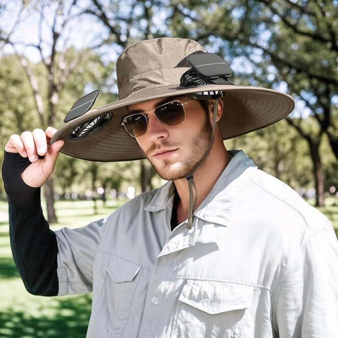Solar Powered Fan Hat for Men Women Wide Brim Hat with 2 Fans UPF 50+ Outdoor Fishing Beach Sun Hat