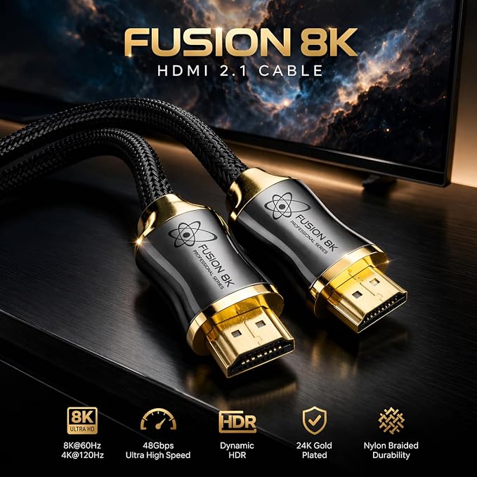 Fusion8K Certified HDMI 2.1 Cable 48Gbps 3ft - 10K 8K@60Hz 4K@120Hz 144Hz | eARC HDR10 Dolby Vision HDCP 2.3 | Braided Cord for PS5, Xbox Series X, Apple TV 4K, Roku, OLED TV