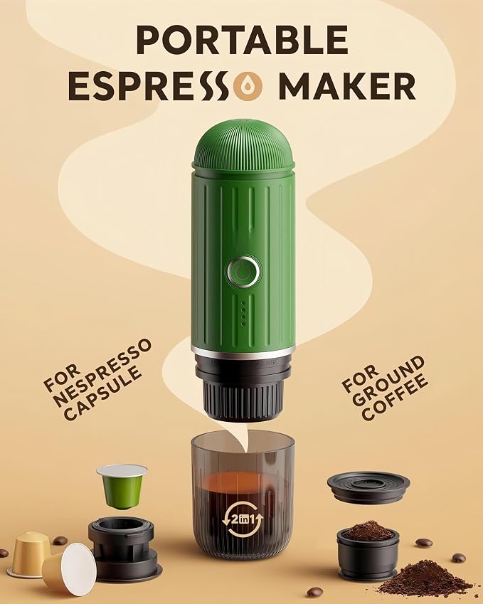 Portable Espresso Machine, 2-in-1 Hot/Cold Brew & Fast Self-heating with USB-C,Travel Coffee Maker with 7800mAh for Camping RV Hiking Compatible with NS Capsules & Ground Coffee Green