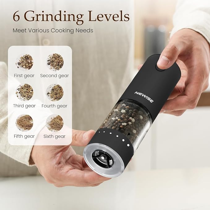 Newise Electric Salt and Pepper Grinder Set, Rechargeable Pepper Mills with LED Light & External Coarseness Adjustment, Kitchen Gadgets for Mom Home Cooks & Families - Black