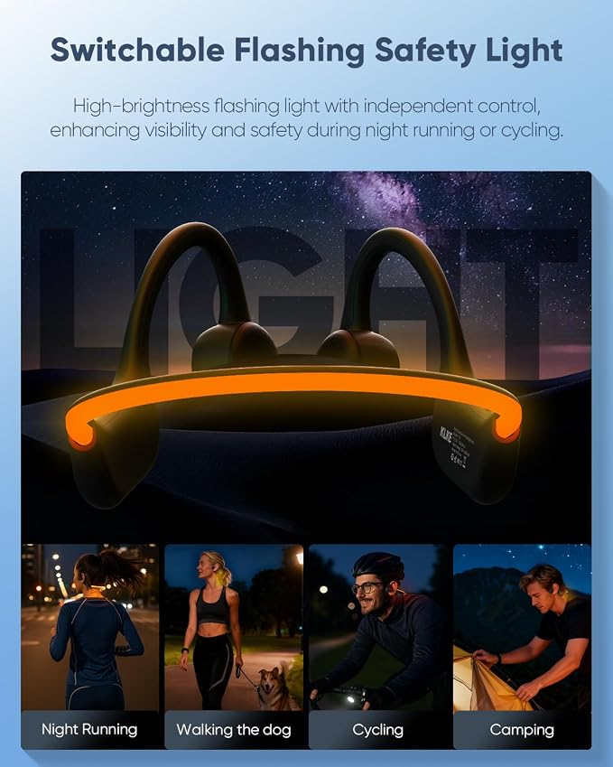 Open-Ear Bone Conduction Headphones, IP66 Waterproof, Integrated Transducer Running Headphones with Dual Mode, Rear Safety Light, 10H Battery,Advanced Mic for Cycling, Hiking & Outdoor Sports