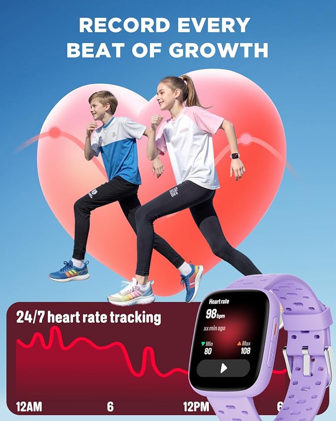 BIGGERFIVE Kids Watch No Phone Needed, 1.8" Amoled Smart Fitness Watch Pedometer, Heart Rate, Sleep Tracker, 30m Waterproof, Step Counter, Puzzle Games, 100+ Dials, Gifts for Girls 5-16, Lilac