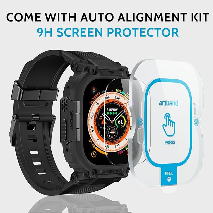 amBand Bands Case Screen Protector Compatible with Apple Watch Ultra 3/2/1 49mm for Men, M1 Sport Series Rugged Cover Strap and 9H Tempered Glass, Military Protective Bumper for iWatch 49 mm Men Black