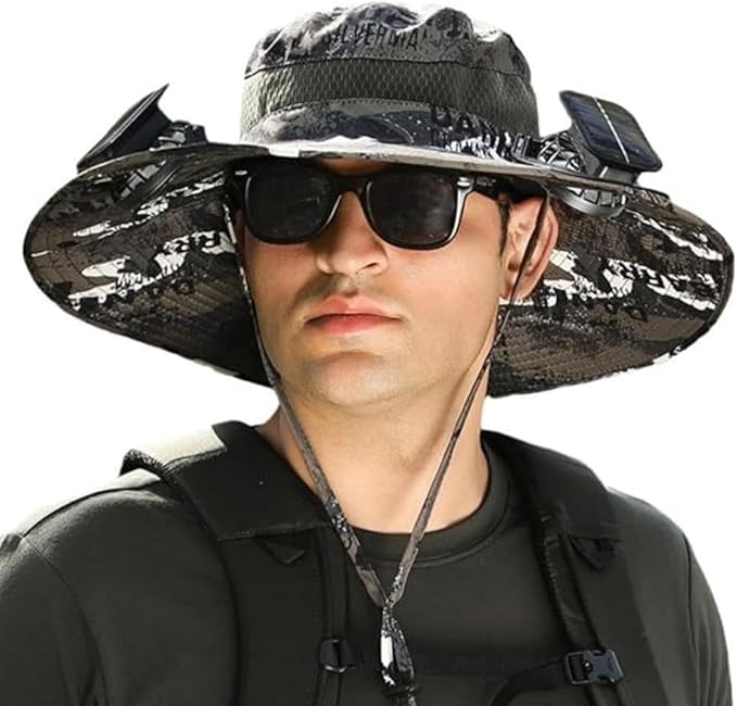 Wide Brim Solar Fan Outdoor Fishing Hat,Waterproof Hat with Two Solar Fan for Men/Women,Solar Fan Hat UPF50+