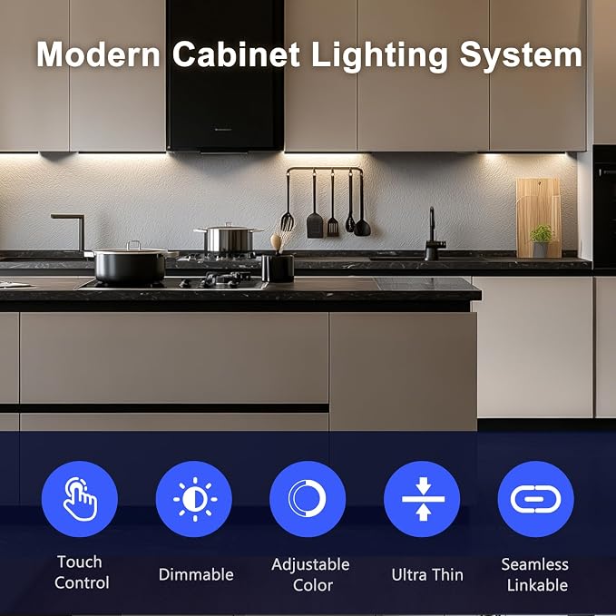 VST Under Cabinet Lighting 6 Pack, Touch Control LED Cabinet Light Bars, Dimmable & Adjustable Color Temperature 2700K-6500K, Ultra Thin Linkable Under Counter Lights for Kitchen, Closet & Display
