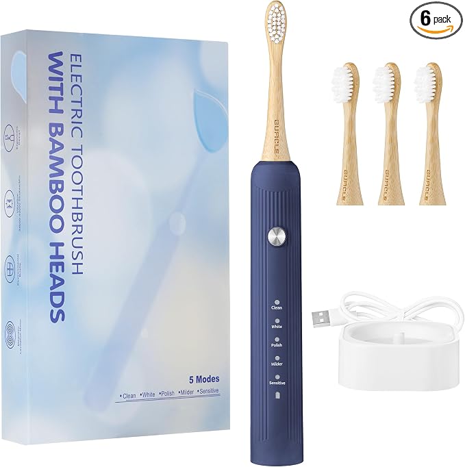 Bamboo Electric Toothbrush for Adults，Sonic Electric Toothbrush with 4 Bamboo Heads, Soft Castor Oil Bristles, 5 Modes, Smart Timer, Sonic Technology, IPX7 Waterproof, 70-Day Battery Life-Navy