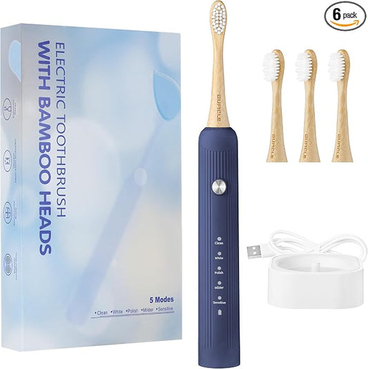 Bamboo Electric Toothbrush for Adults，Sonic Electric Toothbrush with 4 Bamboo Heads, Soft Castor Oil Bristles, 5 Modes, Smart Timer, Sonic Technology, IPX7 Waterproof, 70-Day Battery Life-Navy