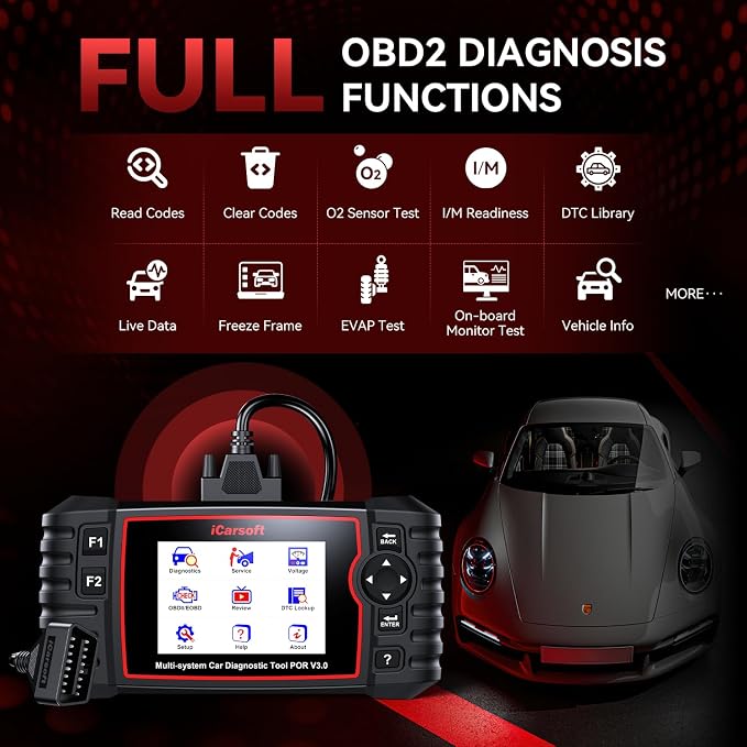 iCarsoft POR V3.0(Enhanced) Bidirectional Diagnostic Tool for Porsche/BMW, All System, 27 Resets (234 Sub-Resets) + Extra Services +1333 Test Items for Porsche, 16 Reset +ECU Coding for BMW