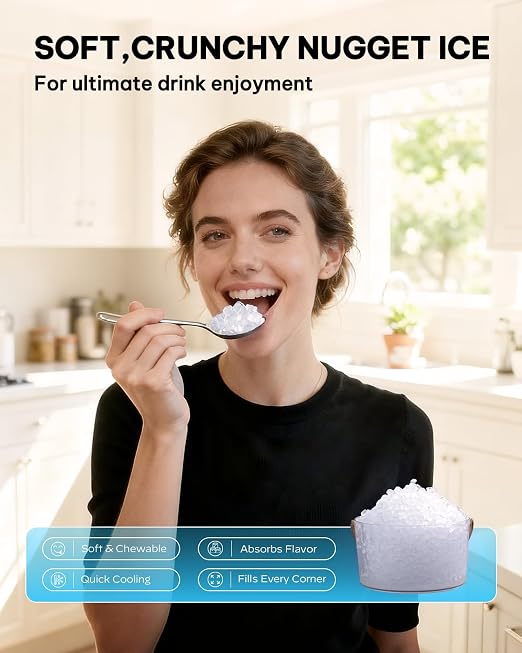 Silonn Nugget Ice Makers Countertop with Soft Chewable Ice, Portable Ice Machine with Crushed Ice, One-Click Operation Pebble Ice Maker with Self-Cleaning, 33lbs/24H for Home,Kitchen,Office