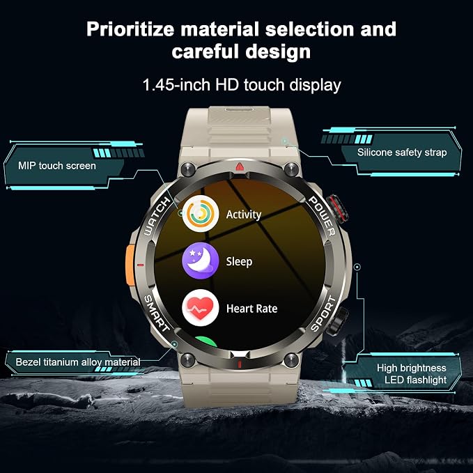Military Smart Watch for Men-100-Day Long Battery Life,Fitness Tracker with LED Flashlight/Compass,120+ Sports Modes,IP68 Waterproof,Heart Rate Monitor,Bluetooth Call Smartwatch for iOS Android(Khaki)