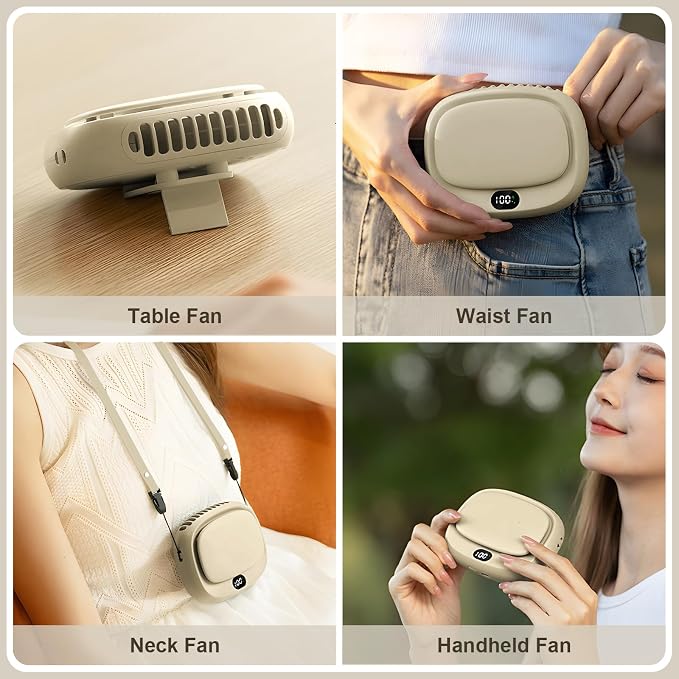 3 Pack Portable Neck Fan 5 Speed Adjustable, Beige + Green + Black
