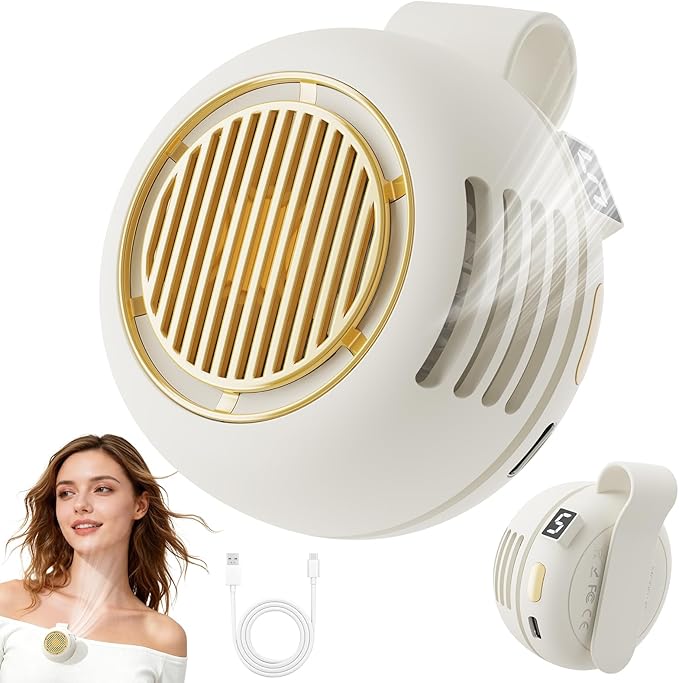 UNIWA Clip On Fan, Portable Silent Mini Bladeless Fan for Shirt/Waist, 5 Speed Adjustable&LED Display, Spin 360° Fan, Hands-Free, Wearable Fan for Outdoor Travel, Office, Gift Women/Mom Apricot White