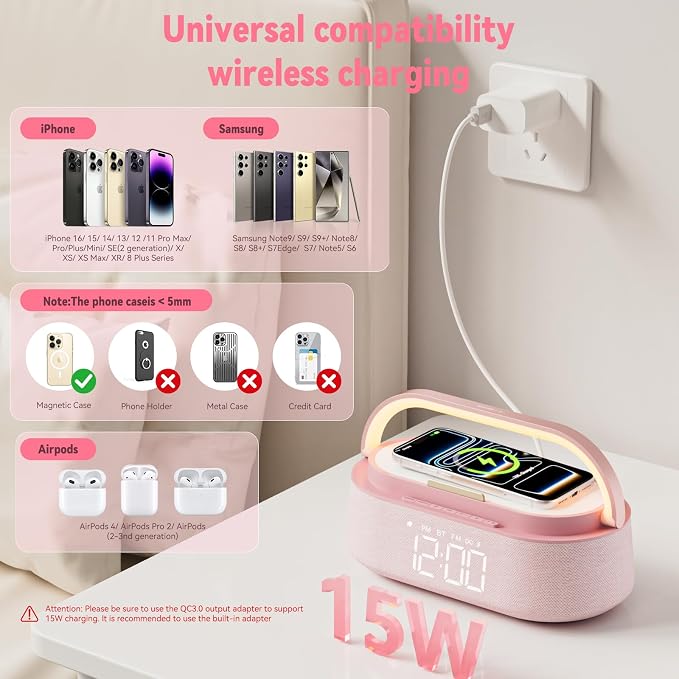 FREEFISH 6 in 1 Bluetooth Speaker with Wireless Charge, FM Radio, Night Light, Snooze, Phone Stand, Bedroom Portable Speaker 2500mAh Battery Dual Speakers for Bedside, Home, Office, Gift (Pink)