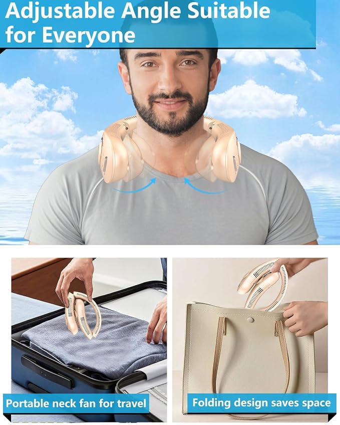 Neck Fan with Mist,Portable Neck Fans that Blow Cold Air,Foldable Water Cooler Fan Sprayer with Bottle,Leafless Battery Powered Neck Fan Rechargeable,Best Necklace Fan for Hot Flashes Summer Apricot