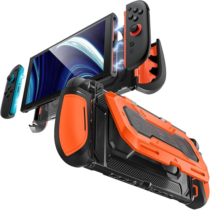 Mumba Dockable for Nintendo Switch 2 Case with Flip Stand, [Titan] Ergonomic Switch 2 Grip Protective Cover Holds 5 Game Cards & 2 TF Cards TPU Accessories and Quick-Release Joy-Con Design (Orange)