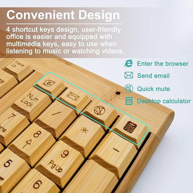 Smart Tech Handcrafted Natural Bamboo Wooden PC Wireless 2.4GHz Keyboard and Mouse Combo