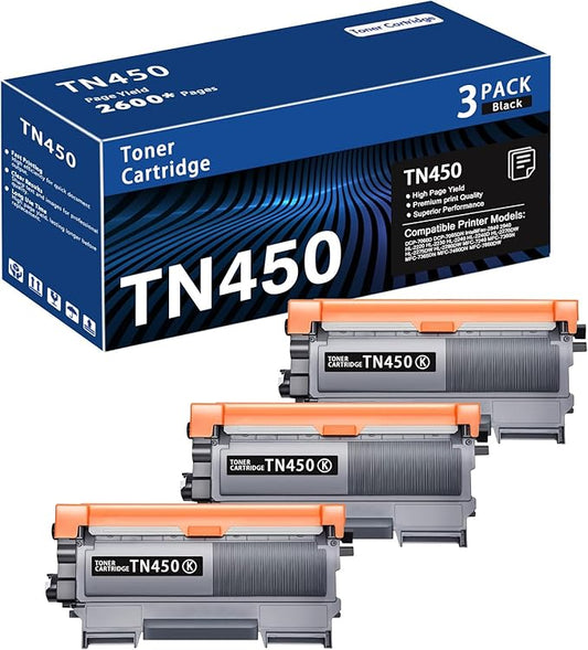 TN450 Black 3-Pack High Yield Toner Cartridge Compatible Brother TN-450 TN 450 Replacement for HL-2240 HL-2270DW HL-2280DW MFC-7360N MFC-7460DN MFC-7860DW IntelliFax 2840 2940 Printer