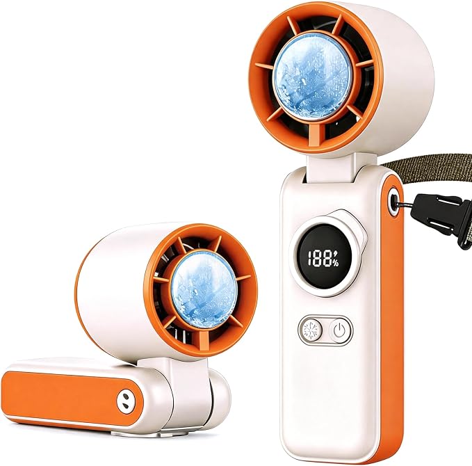 Handheld High Speed Turbo Ice Fan,with Semiconductor Ice Cooling,199 Speed/26550RPM,6000mAh USB Rechargeable,3-in-1 Mini AC Fan(Hand/Neck/Desk),Portable Personal Fans for Outdoor Travel Beach(Orange）