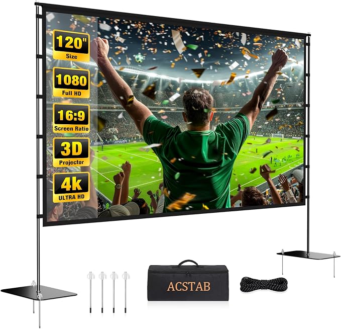 Outdoor Projector Screen with Stand - 120 Inch Portable Projector Screen Outdoor Indoor Projection Screen 16:9 4K HD Movie Screens with Carry Bag Can Enjoy Home Theater Projection Screens