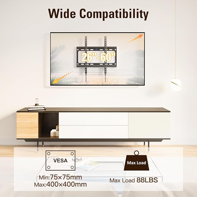 Mounting Dream Tilting TV Mounts for Most 26-60 Inch LED, LCD TVs up to VESA 400 x 400mm and 88 LBS Loading Capacity, TV Wall Mount with Unique Strap Design for Easily Lock and Release MD2268-MK