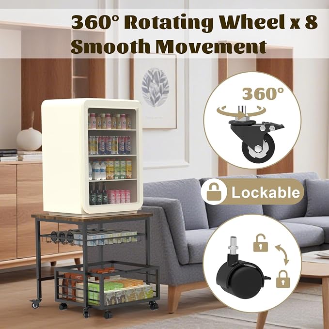 Mini Fridge Stand with Storage, 260LBS Heavy Duty Compact Refrigerator Shelf, 19.7 * 19.7" Movable Mini Fridge Table, Coffee Bar with Lockable Wheels for Kitchen, Home, Office or Dorm