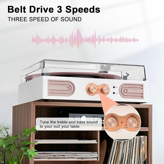 Vinyl Record Player with Built-in Speakers 3-Speed Vintage Record Player Support Treble& Bass Control, 3.5mm Headphone Jack, RCA-Out/Aux in, Belt-Driven LP Turntable,White Rose Gold