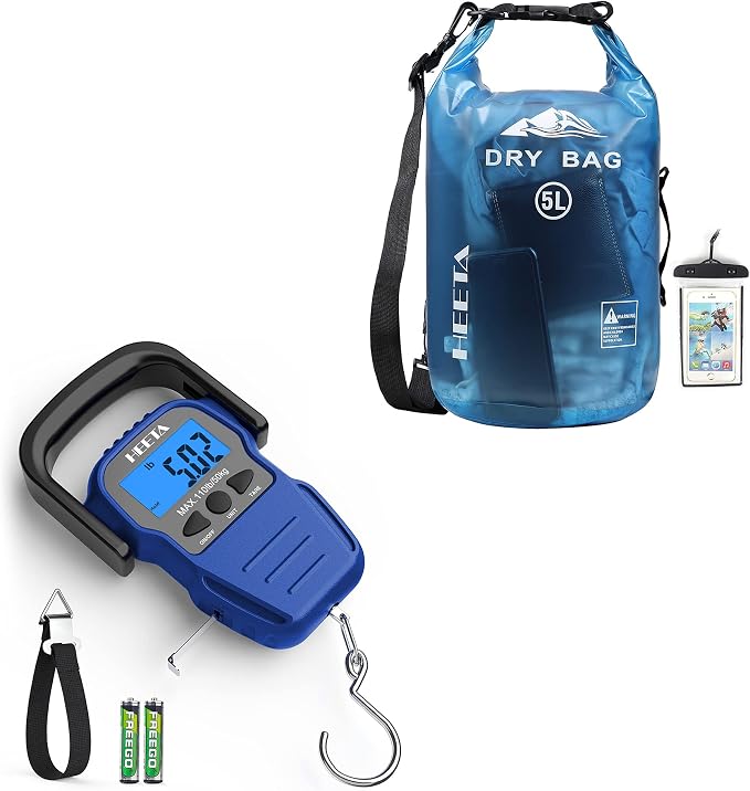 HEETA Fish Scale with Backlit LCD Display (Blue) Bundled with Waterproof Dry Bag for Women Men (Blue)