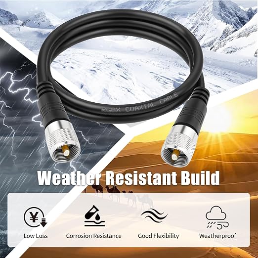 CB Antenna Cable, RG8x Coax Jumper, 6ft UHF Male to Male Low Loss CB Coaxial Cables, 50 Ohm for HAM Radio Antenna