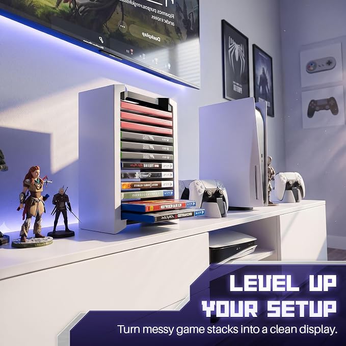 TNP Universal Video Game Storage Tower for PS5, PS4, PS3, Nintendo Switch, Xbox One, Xbox Series S/X - White Video Game Holder Organizer Stand with 12 CD Case Storage for Organizing & Displaying