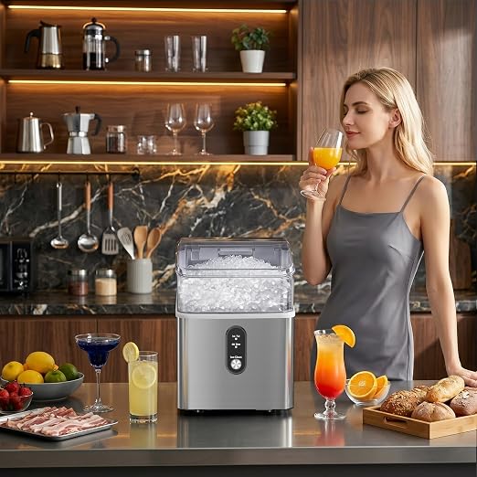 Antarctic Star Nugget Ice Maker Countertop, 35lbs/24H Ice Machine, Soft Chewable Sonic Ice, Self-Cleaning, Fast Ice Ready in 8 Minutes, Compact Design with Handle, Stainless Steel Silver