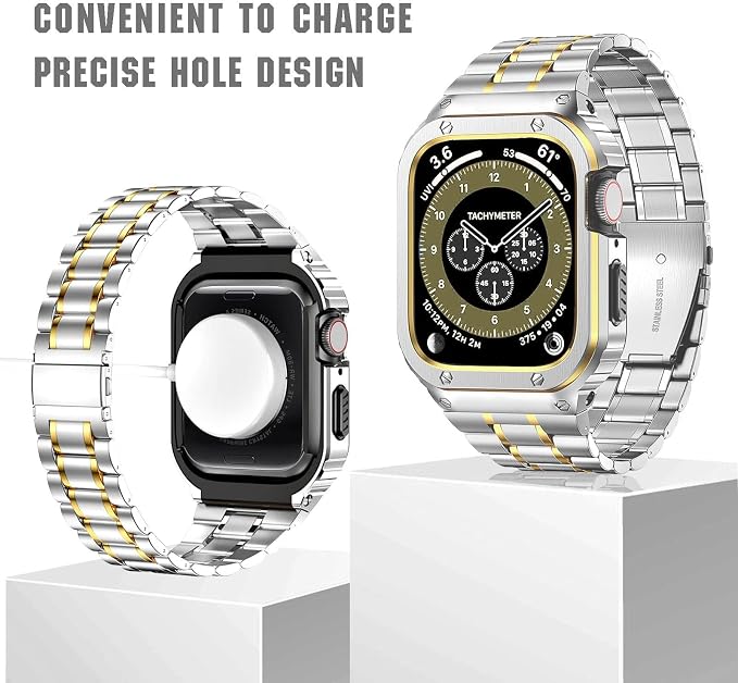 MioHHR Stainless Steel Watch Band with Case Compatible for Apple Watch Bands 40/41 mm,Rugged Strap with Metal Protective Bumper Cover for iWatch Series 8/7/6/5/4/SE for Men(Silver/Gold)