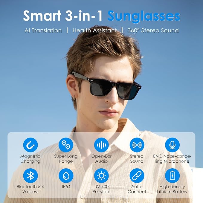 AI Glasses for Men & Women, Smart Glasses Powered by ChatGPT, AI Real-time Translation with 107 languages, 11H Music Play, Bluetooth Sunglasses with Polarized Lens, UV Protection for Daily Use, Travel