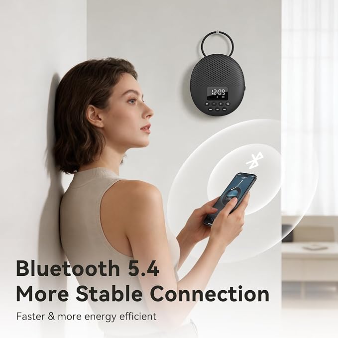 Shower Radio Speaker with Bluetooth 5.4, AGPTEK Waterproof Wireless Bathroom FM with Suction Cup 12H Long Playback Time, Lanyard, LCD Screen Display, Handsfree Calling, Storage Card Playback (Black)