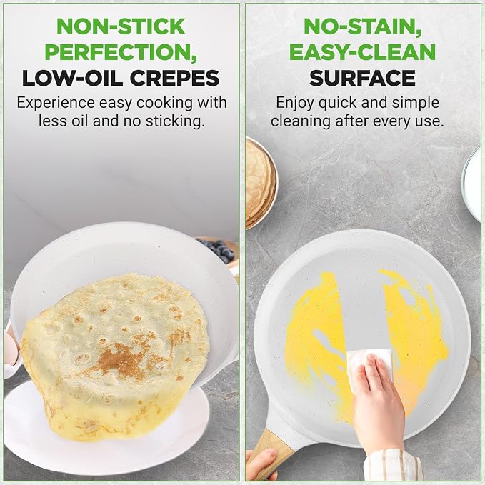 NutriChef 2-Pack Non-Stick Crepe Pan Set – 11” Marble Coated Dosa Pans with Wooden Spreaders, Bakelite and Wood Handles, Induction-Compatible, Easy-to-Clean, Stain-Resistant, White Cream Marble