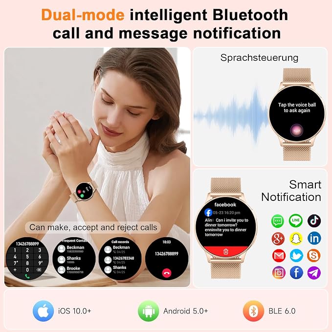 Jugeman Smart Watches for Women, Fashion Womens Watch for Daily Wear with Step Heart Rate Sleep Tracking, IP68 Waterproof Lightweight Wrist Smartwatch for Work Travel Fitness, Gifts for Women (Gold)