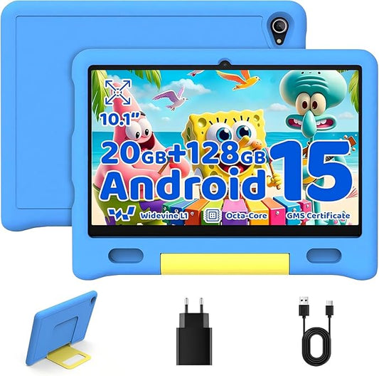 Gleeso Kids Tablet, Android 15 Tablet for Kids 10 inch Octa-Core with Case, 128GB 1TB TF Card Expandable, Tablet for Toddler Children, Parental Control, Dual Camera, WiFi,Gift（Blue）