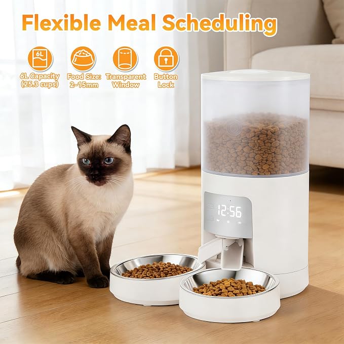 NEWBULIG Automatic Cat Feeder for 2 Cats, 6L/25.3 Cups Timed Pet Feeders with Dual Bowls, 10s Voice Recorder, Dog Food Dispenser for Dry Food, 6 Meals/Day, 50 Portions/Meal, Dual Power Supply, White