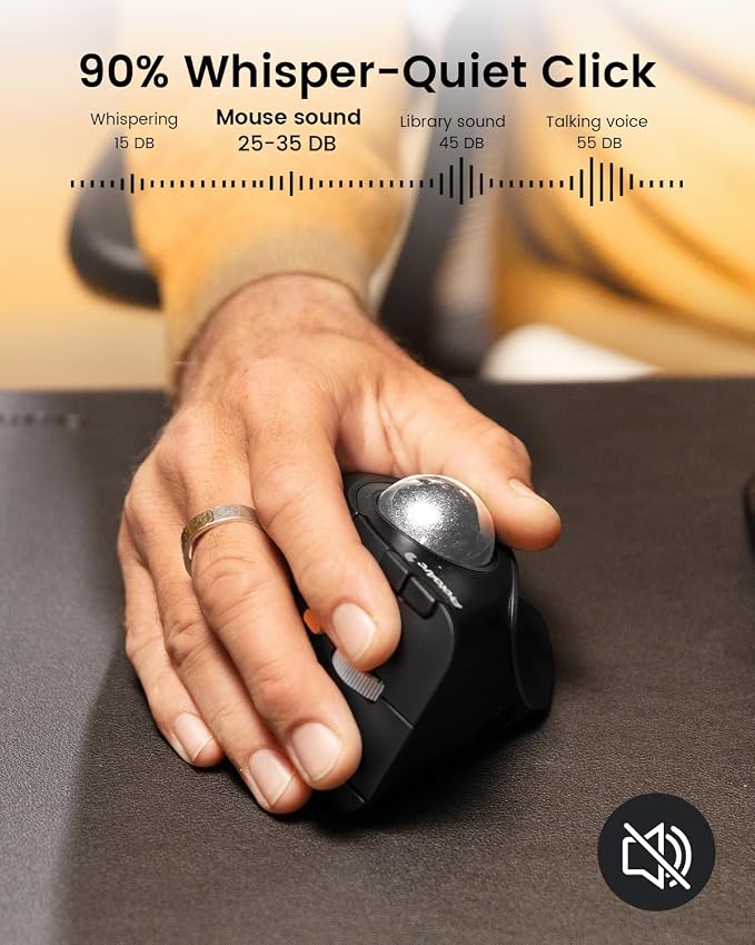 ProtoArc Wireless Trackball Mouse, EM05 NL Vertical Bluetooth Ergonomic Rollerball Thumb Mouse Rechargeable Laptop Mice, 3 Device Connection, Compatible with iPad, Mac, Windows-Silver