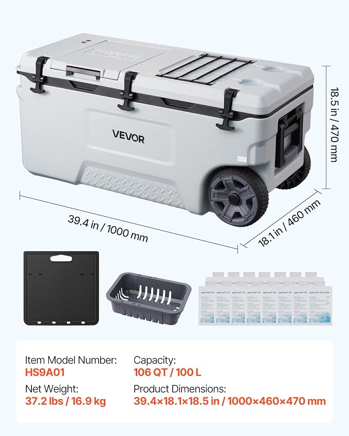 VEVOR Portable Cooler,Hard Cooler with Ice Retention, Heavy-Duty Handles and Strap, Lightweight Rigid Material Insulated Portable Cooler, Suitable for Family Picnics and Short Trips